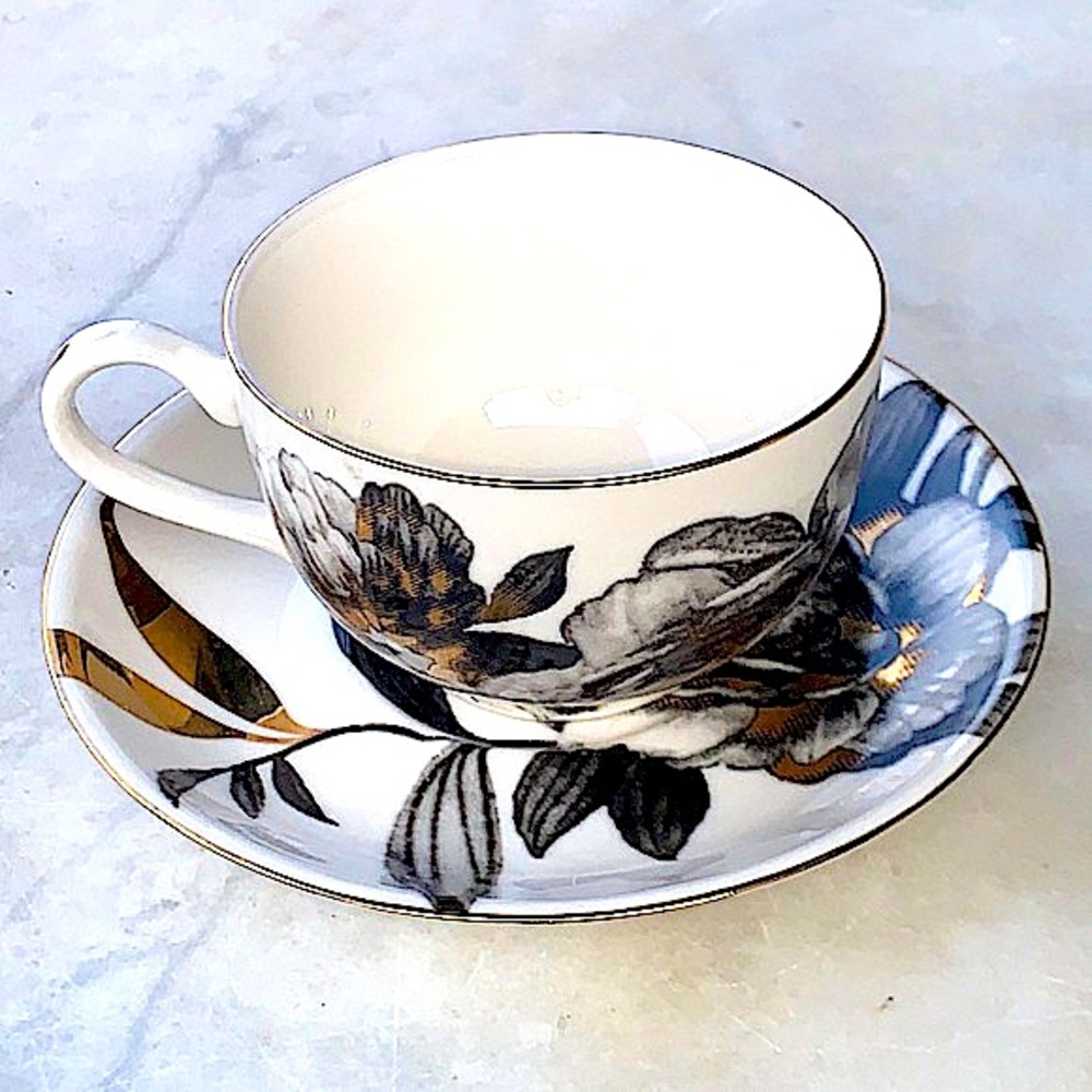 GRACES TEAWARE CUP SAUCER SET PEONY BLACK METALLIC GOLD FLORAL NEW PORCELAIN